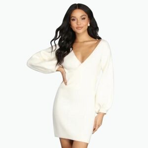 Cream Sweater Dress Balloon Sleeve  Cream Ribbed Knit Mini Bodycon Dress XSmall